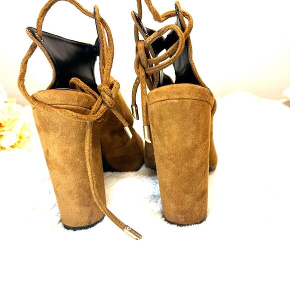 Tan Brown Suede Open Toe Tie Up Heels Size 7.5 - Picture 9 of 11